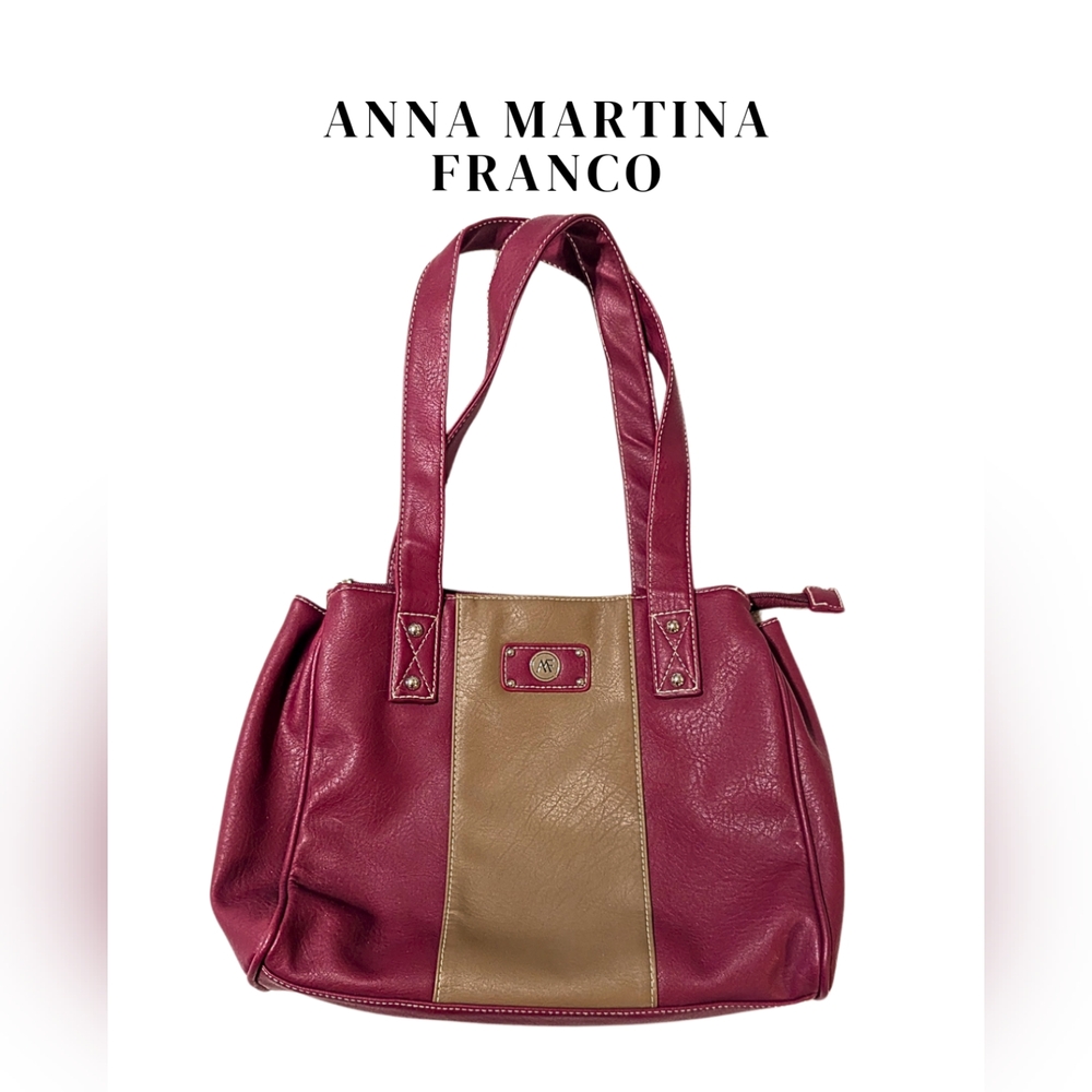 ANNA MARTINA FRANCO NWOT 3 lg pouch shoulder bag, Reddish/Burgundy & Tan colour